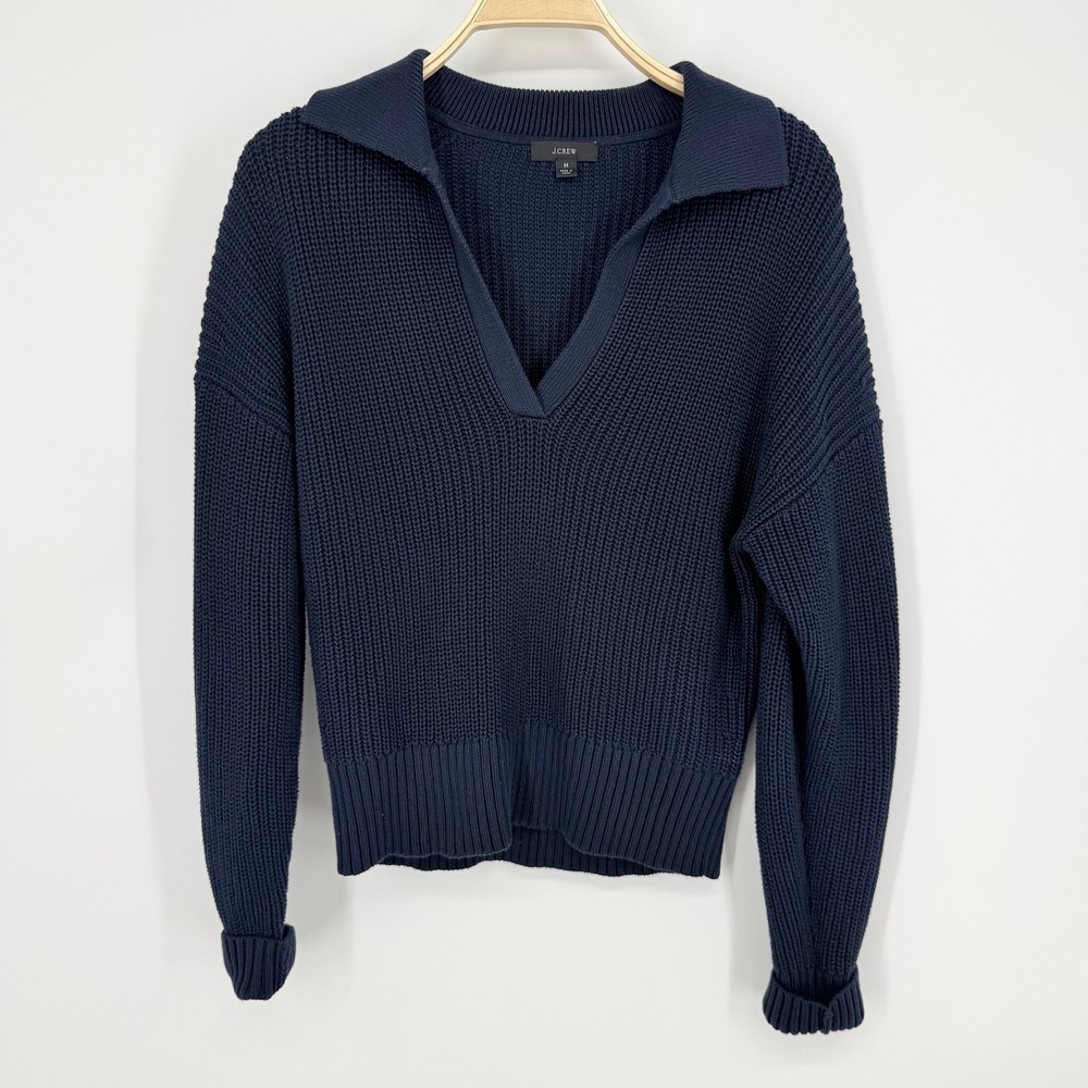 J.Crew Shaker-Stitch V-Neck Sweater Womens Medium Navy Blue Excellent BH454
